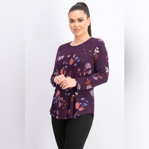 Daniel Rainn Darrel Crochet Yoke Knit Floral Dark Purple Long Sleeve Large NWT